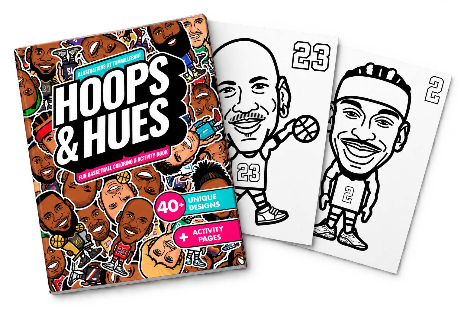 Hoops & Hues coloring book cover with sample coloring pages